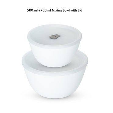 Larah by Borosil Snow Mixing Bowl w Lid, Set of 2, 750ml + 500ml