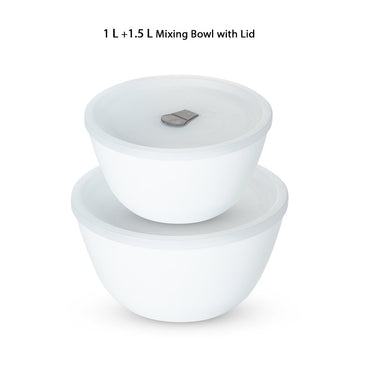 Larah by Borosil Snow Mixing Bowl w Lid, Set of 2, 1.5L + 1L