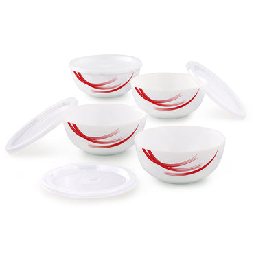 Larah by Borosil Red Stella Snack Bowl with Cover, 4pcSet+4Lids