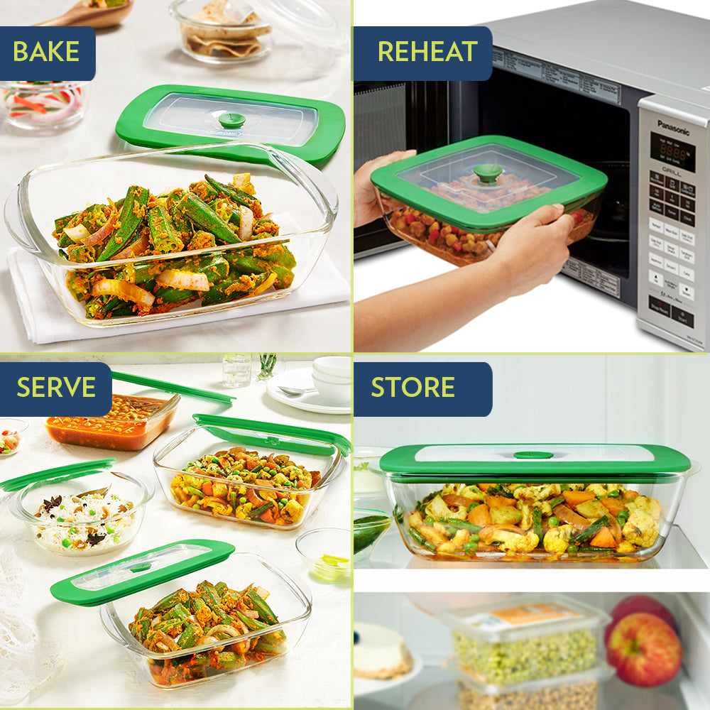 Borosil Rectangular Dish w Green Lid, 1.1L