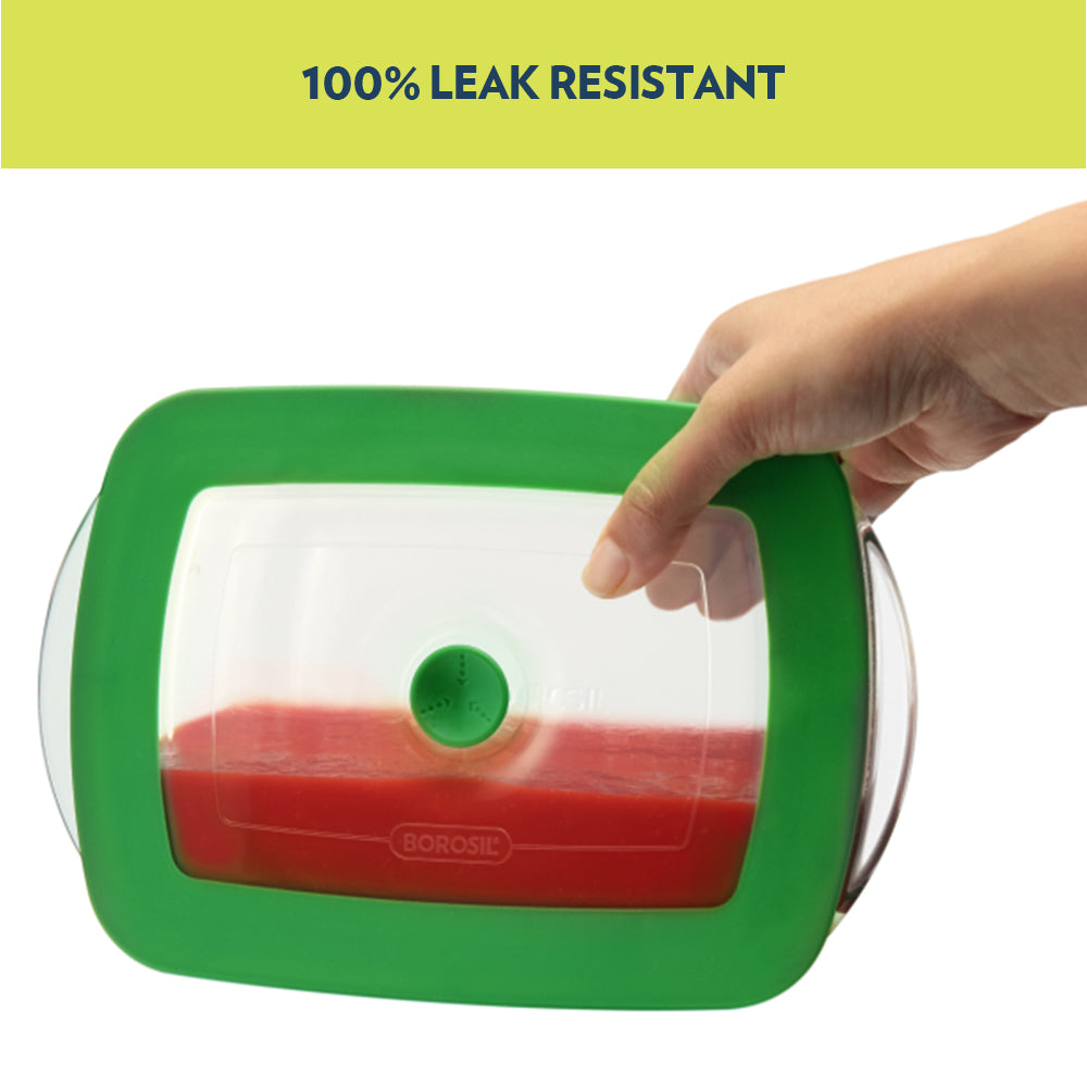 Borosil Square Dish w Green Lid, 2.2L