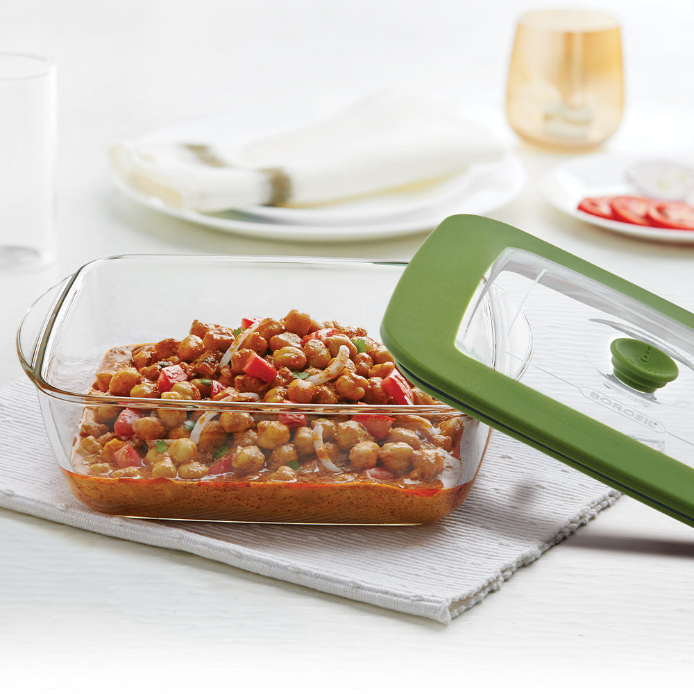 Borosil Square Dish w Green Lid, 2.2L