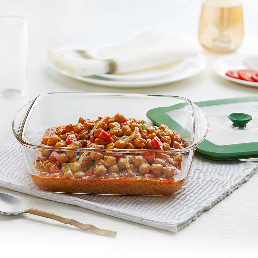 Borosil Square Dish w Green Lid, 2.2L