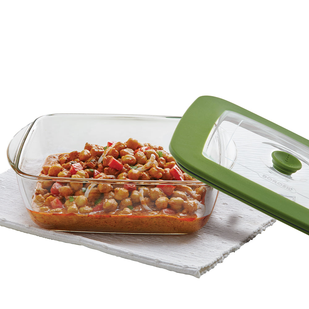 Borosil Square Dish w Green Lid, 2.2L