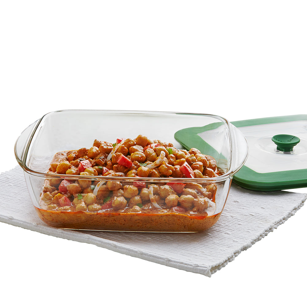 Borosil Square Dish w Green Lid, 2.2L