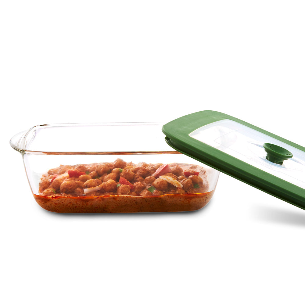 Borosil Square Dish w Green Lid, 2.2L