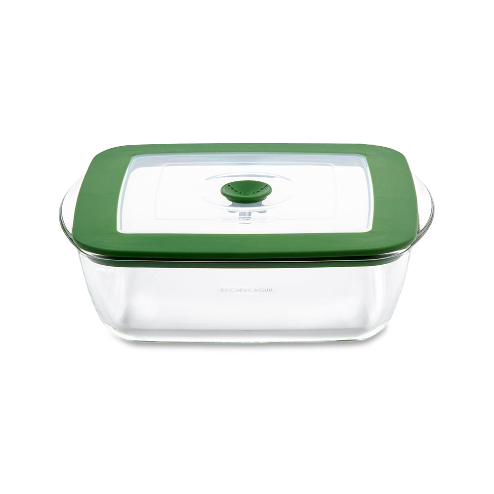 Borosil Square Dish w Green Lid, 2.2L