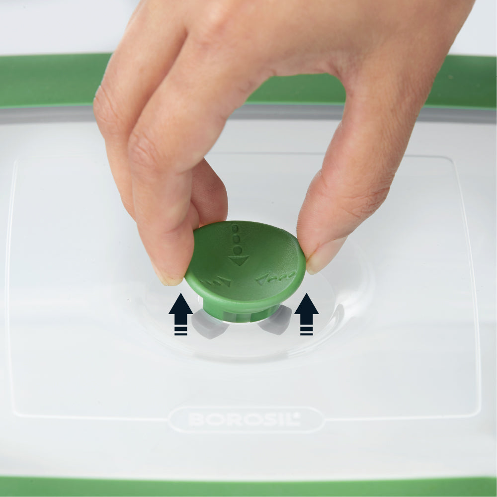 Borosil Square Dish w Green Lid, 2.2L