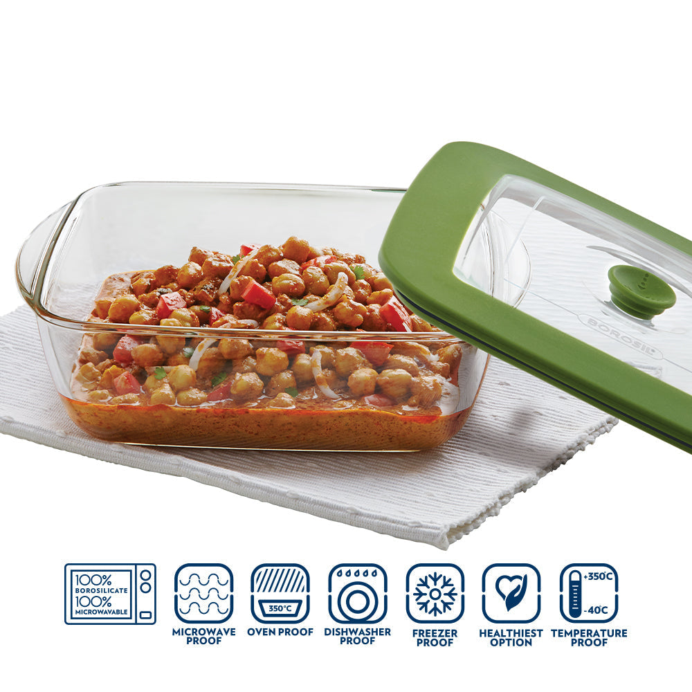 Borosil Square Dish w Green Lid, 2.2L