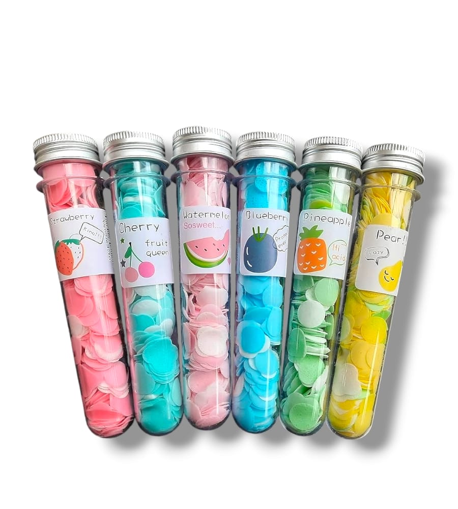 FruityClean: Cute Travel-Friendly Hand Soap Paper Flake Tubes (Set of 3) – Perfect for On-the-Go Hygiene