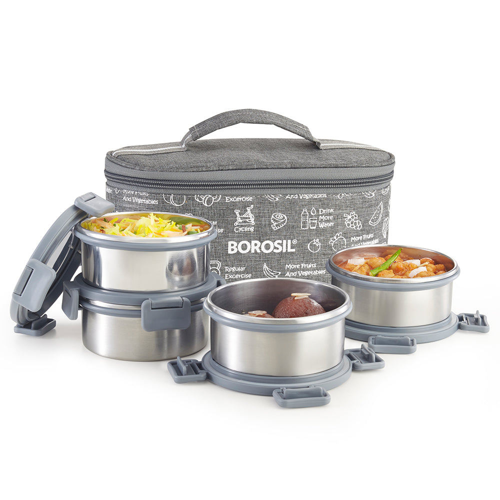 Borosil Slate Stainless Steel Lunchbox, Set of 4, 280ml