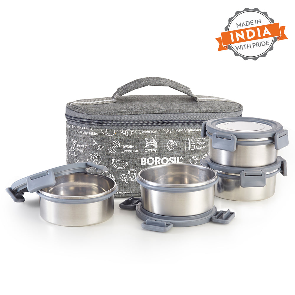 Borosil Slate Stainless Steel Lunchbox, Set of 4, 280ml