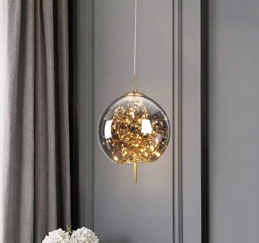 Modern Globe Pendant Light with Starry String LEDs – Golden Hanging Ceiling Light for Dining, Kitchen, Living Room & Hall Decoration