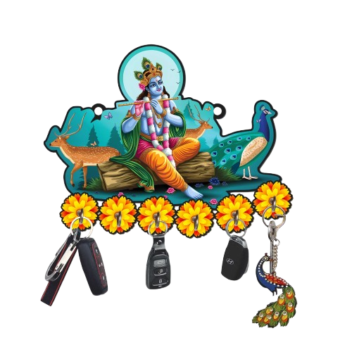 Webelkart Antique Krishna Playing Flute Printed Wooden Key Holder for Home/Office Decor/Key Chain Holder for Wall Decor, Key Hanger for Home Decoration, Home Decor Item (10" Inches)