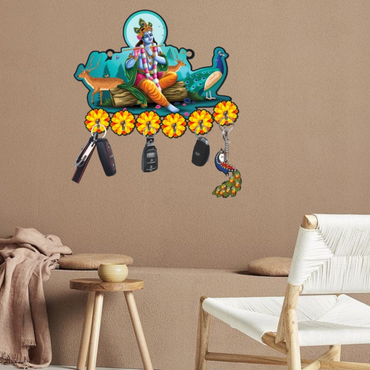 Webelkart Antique Krishna Playing Flute Printed Wooden Key Holder for Home/Office Decor/Key Chain Holder for Wall Decor, Key Hanger for Home Decoration, Home Decor Item (10" Inches)