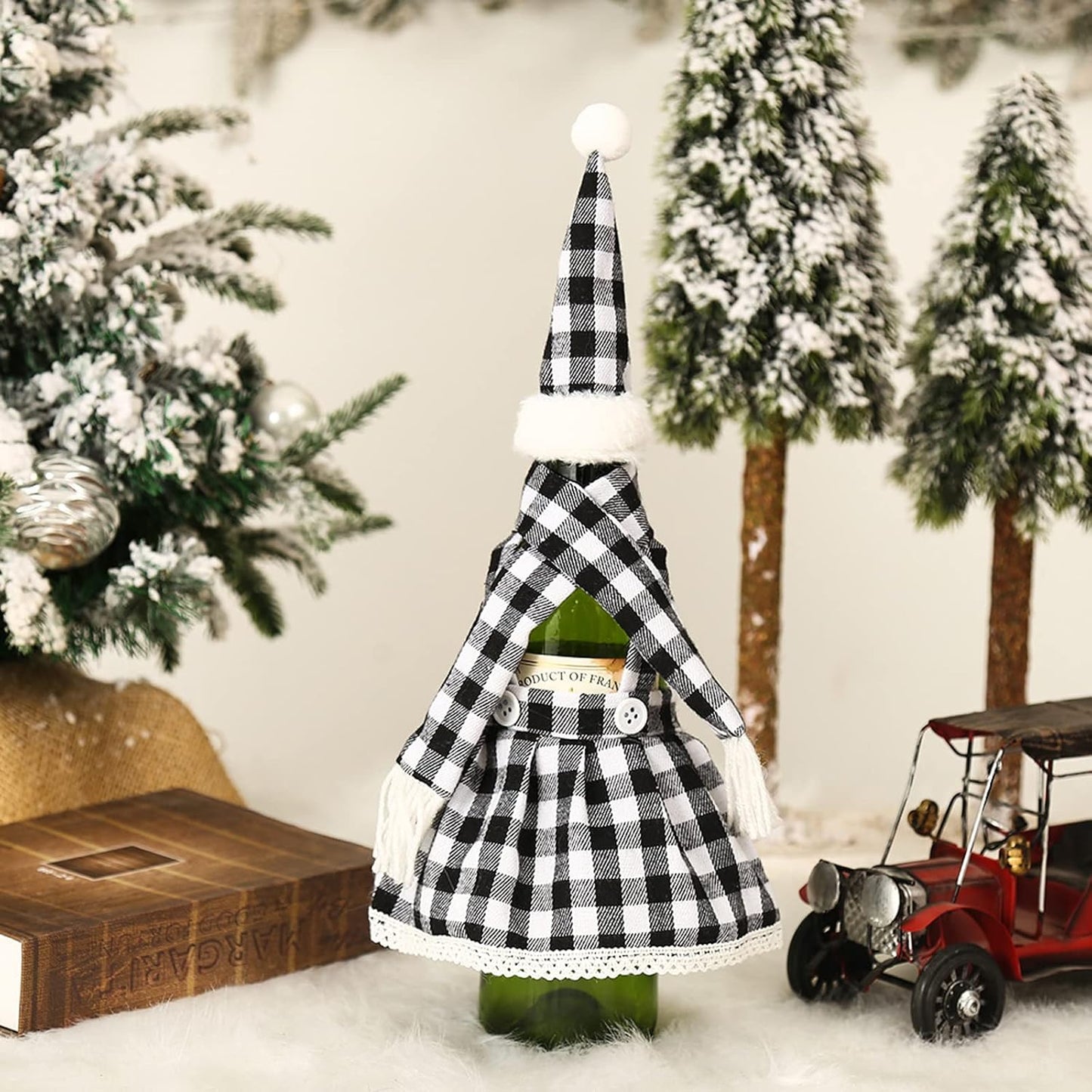 Set of 2 Wine bottle cover 1Pcs Christmas Decorations Plaid Skirt Set Wine Set Beer Bottle Set Bar Table Atmosphere Black
