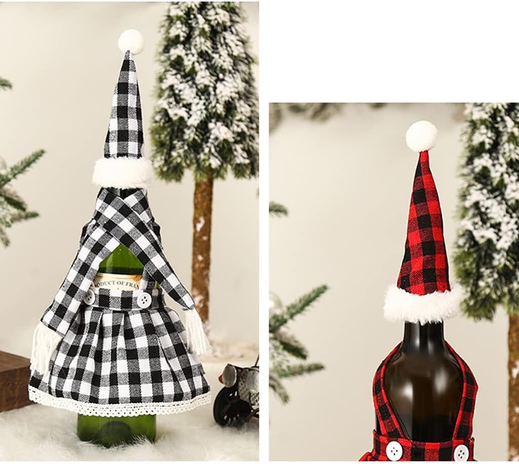 Set of 2 Wine bottle cover 1Pcs Christmas Decorations Plaid Skirt Set Wine Set Beer Bottle Set Bar Table Atmosphere Black