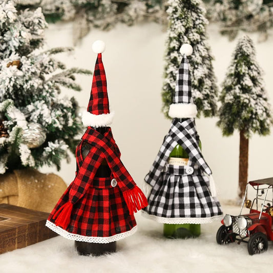 Set of 2 Wine bottle cover 1Pcs Christmas Decorations Plaid Skirt Set Wine Set Beer Bottle Set Bar Table Atmosphere Black