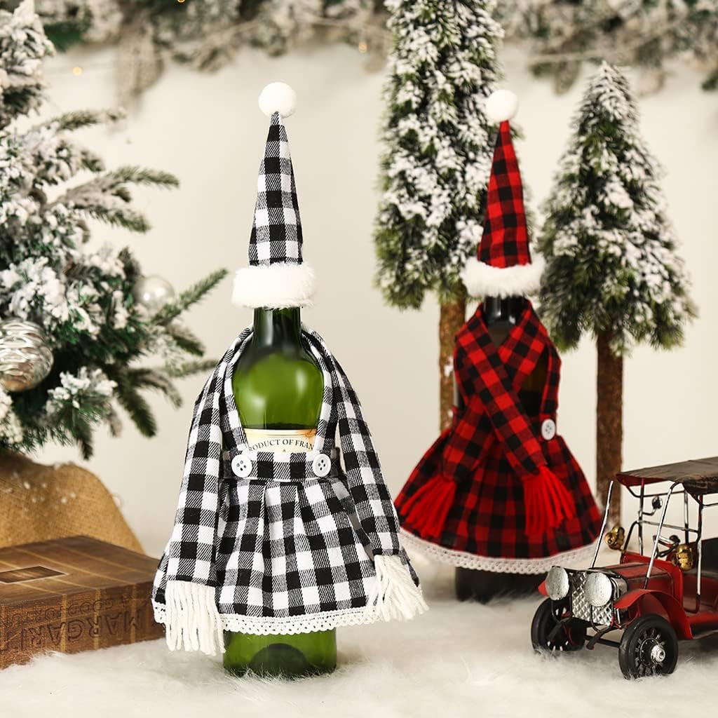 Set of 2 Wine bottle cover 1Pcs Christmas Decorations Plaid Skirt Set Wine Set Beer Bottle Set Bar Table Atmosphere Black