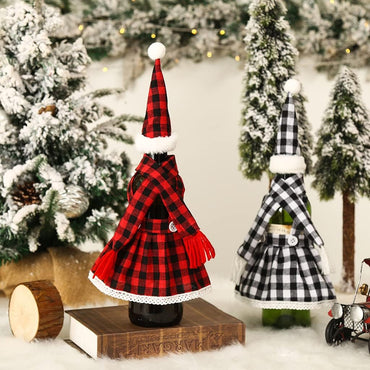 Set of 2 Wine bottle cover 1Pcs Christmas Decorations Plaid Skirt Set Wine Set Beer Bottle Set Bar Table Atmosphere Black