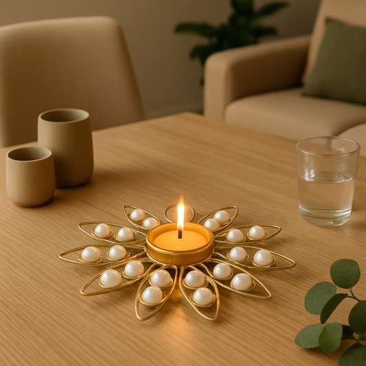 Pearl Decorative Diya for Home Décor | Festive Tealight Candle Holder | Centerpiece for Living Room & Puja | 12 Inch Round Designer Diya with Pearls