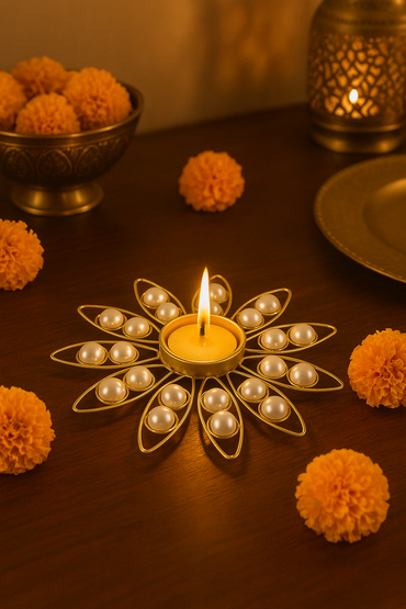 Pearl Decorative Diya for Home Décor | Festive Tealight Candle Holder | Centerpiece for Living Room & Puja | 12 Inch Round Designer Diya with Pearls
