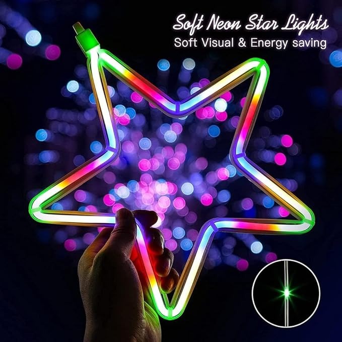 Multicolor LED Neon Star Curtain String Light| 9 Neon Stars (5 Big & 4 Small Stars)