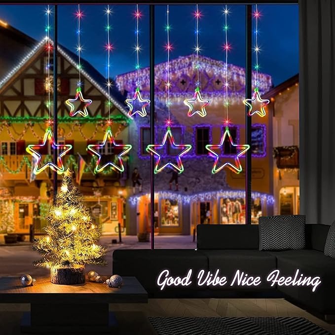 Multicolor LED Neon Star Curtain String Light| 9 Neon Stars (5 Big & 4 Small Stars)