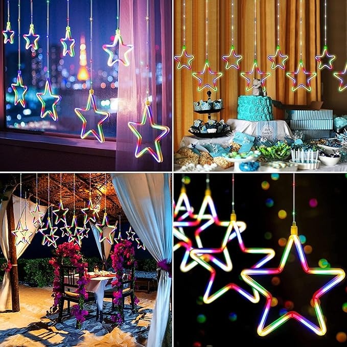Multicolor LED Neon Star Curtain String Light| 9 Neon Stars (5 Big & 4 Small Stars)
