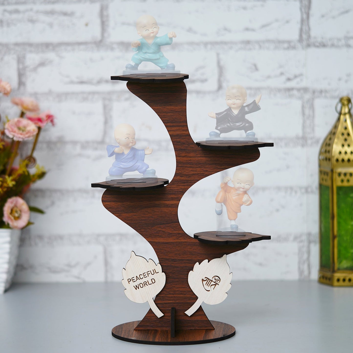 JaipurCrafts Decorative Set of 4 Adorable Buddha Monk Figurines with Wooden Stand for Peaceful Home Decor & Office Decor, Special Gifting, Ideal for Living Room, Meditation Spaces, and Special Occasions