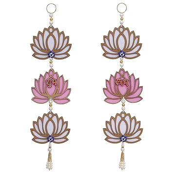 JaipurCrafts Pink and White Lotus Flower with Shubh Labh Wall Hanging for Diwali Decoration| Wall Decor |Temple Decor Wall Hanging Home and Office Decor (Wood Set of 2) 16" Inches