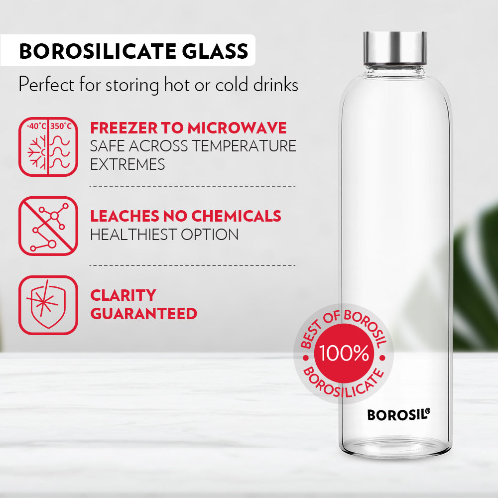 Borosil Crysto Glass Bottle-SS Lid, 1L