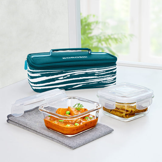 Steller Glass Lunch Box, Square x 2 (Flat), Set of 2, 320ml