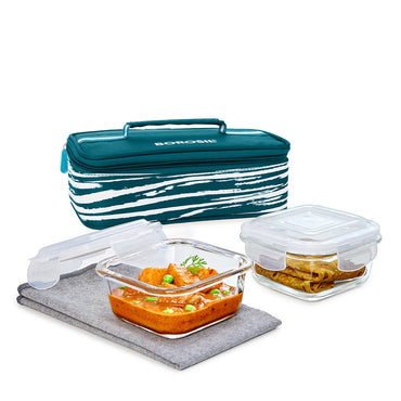 Steller Glass Lunch Box, Square x 2 (Flat), Set of 2, 320ml