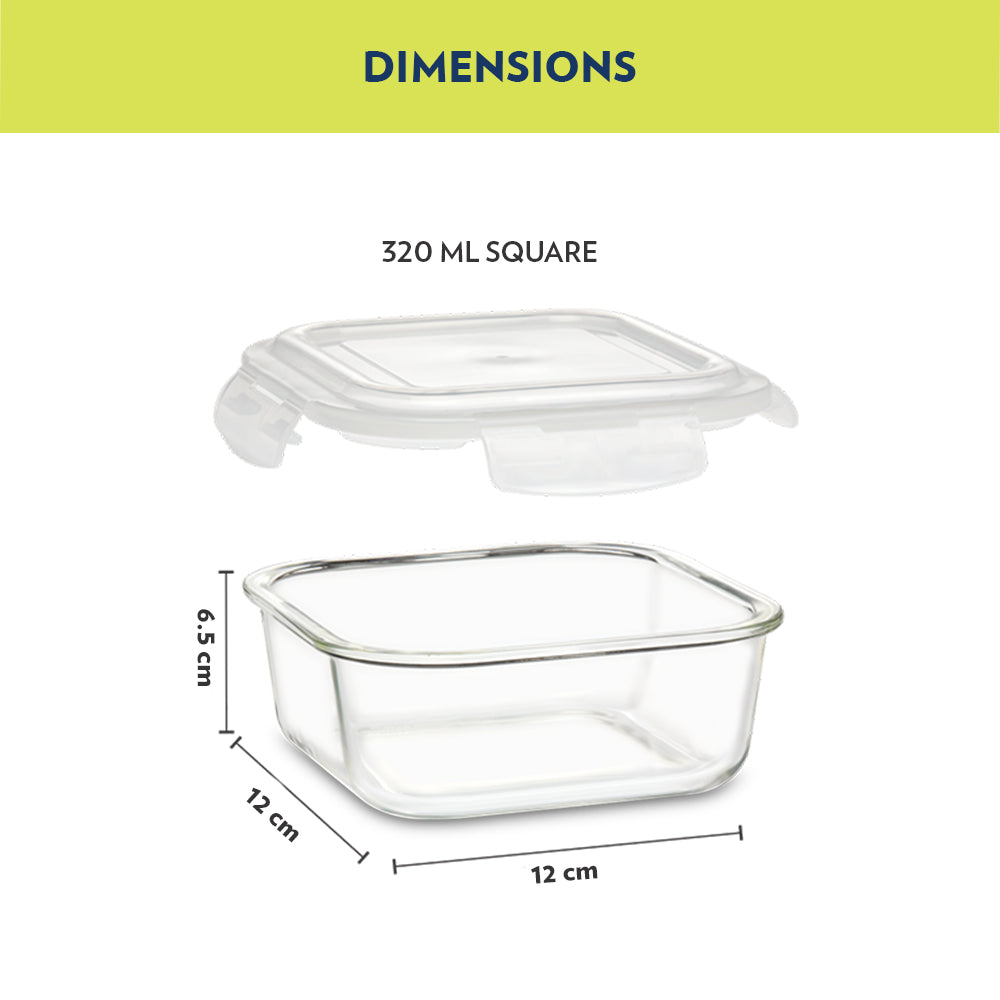 Steller Glass Lunch Box, Square x 2 (Flat), Set of 2, 320ml