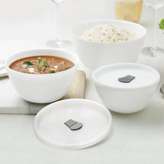 Larah by Borosil Snow Mixing Bowl w Lid, Set of 3, 1L + 750ml + 500ml