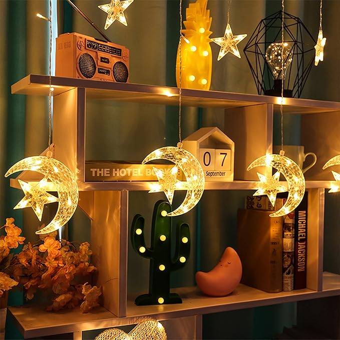 LED Star and Moon Curtain String Lights for Home Decoration | Warm White Hanging Fairy Lights for Bedroom, Festival, Kids Room & Party Backdrop – 12 Stars + 6 Moons
