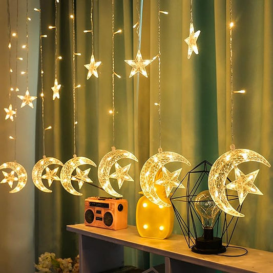 LED Star and Moon Curtain String Lights for Home Decoration | Warm White Hanging Fairy Lights for Bedroom, Festival, Kids Room & Party Backdrop – 12 Stars + 6 Moons