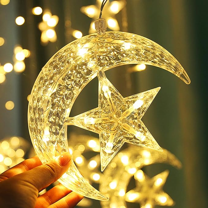 LED Star and Moon Curtain String Lights for Home Decoration | Warm White Hanging Fairy Lights for Bedroom, Festival, Kids Room & Party Backdrop – 12 Stars + 6 Moons