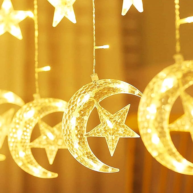 LED Star and Moon Curtain String Lights for Home Decoration | Warm White Hanging Fairy Lights for Bedroom, Festival, Kids Room & Party Backdrop – 12 Stars + 6 Moons