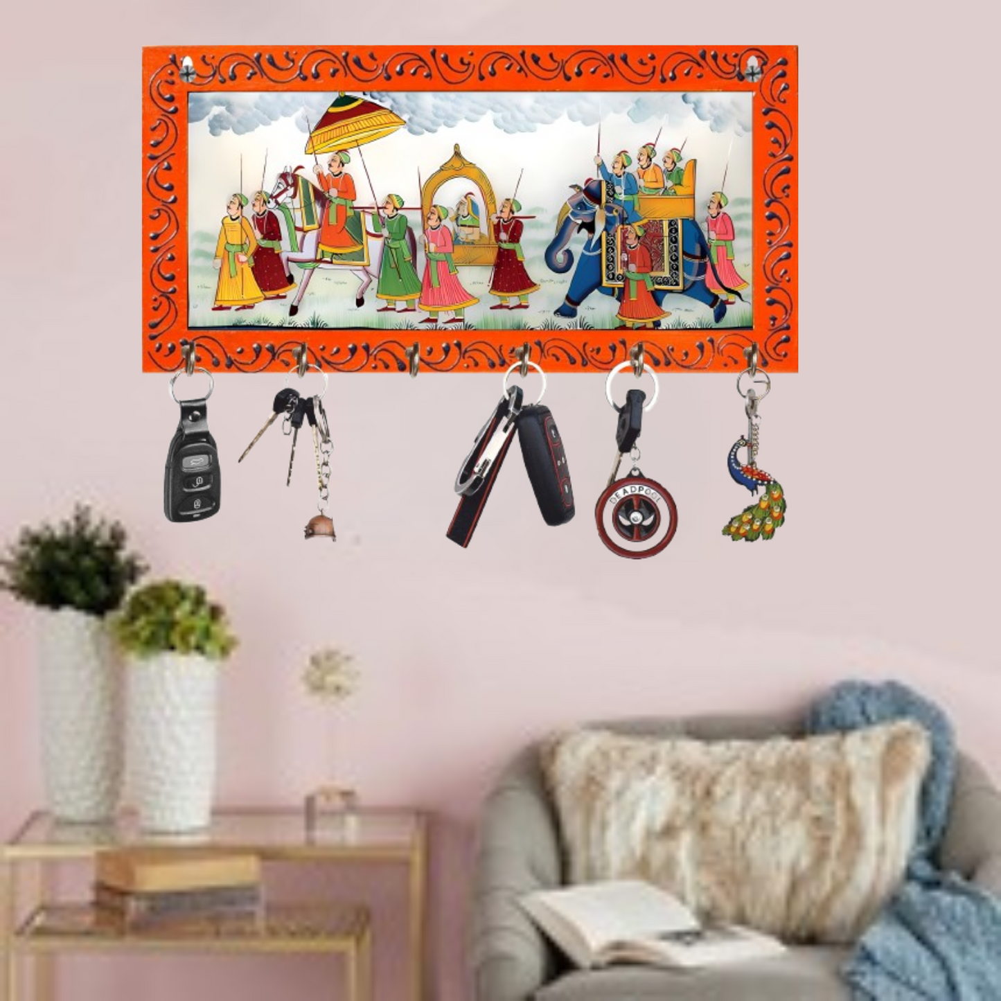 JaipurCrafts Antique HD UV Print Rajasthani Wooden Key Hanger for Home/Office Decor-Wall Decorative Key Holder,Home Decor Item (12x6 Inches)