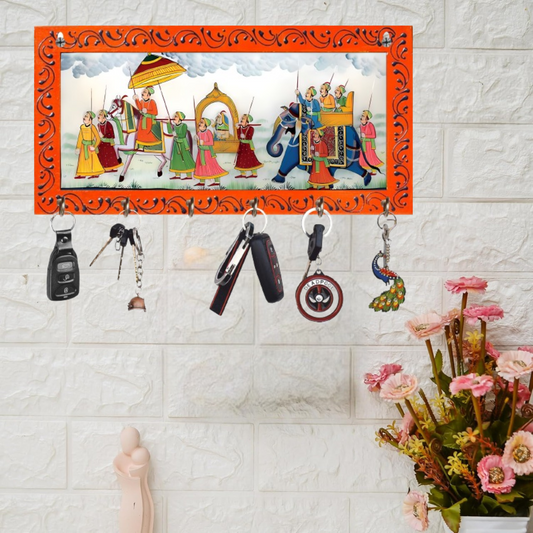JaipurCrafts Antique HD UV Print Rajasthani Wooden Key Hanger for Home/Office Decor-Wall Decorative Key Holder,Home Decor Item (12x6 Inches)