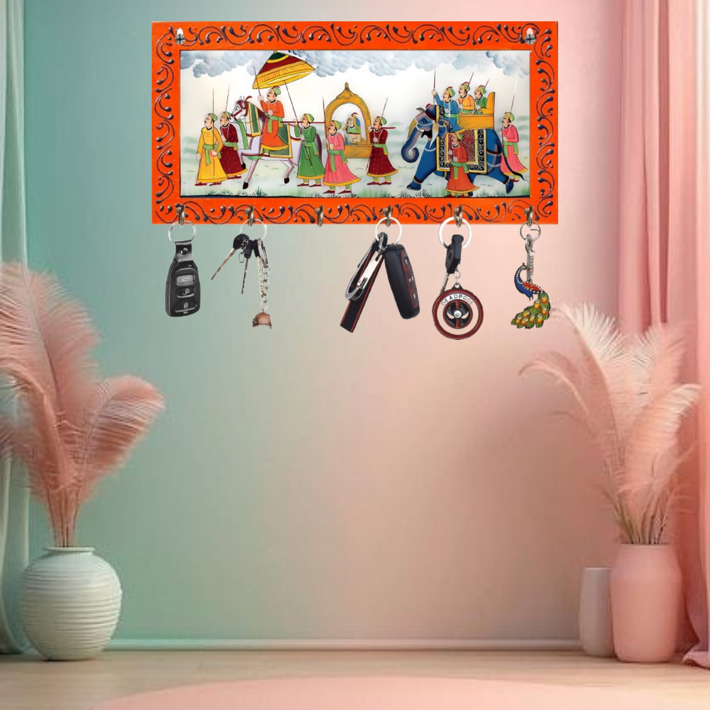 JaipurCrafts Antique HD UV Print Rajasthani Wooden Key Hanger for Home/Office Decor-Wall Decorative Key Holder,Home Decor Item (12x6 Inches)