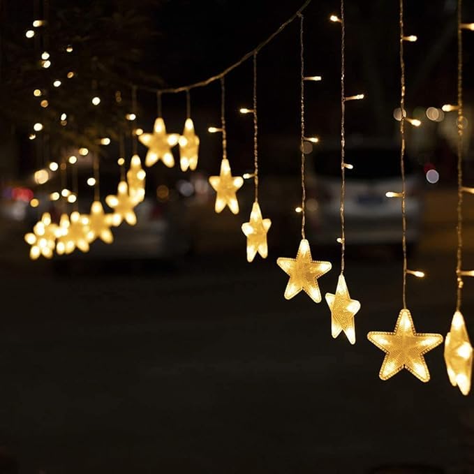 16-Star LED Curtain String Lights – Warm White Hanging Star Fairy Lights for Bedroom, Living Room, Window, or Holiday Decor – USB Powered with 8 Modes