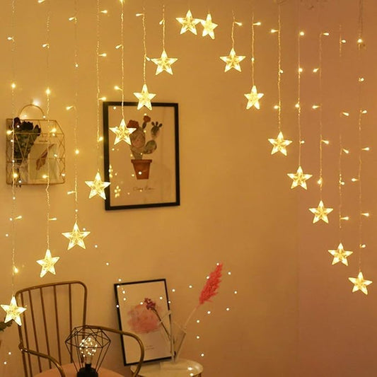 16-Star LED Curtain String Lights – Warm White Hanging Star Fairy Lights for Bedroom, Living Room, Window, or Holiday Decor – USB Powered with 8 Modes