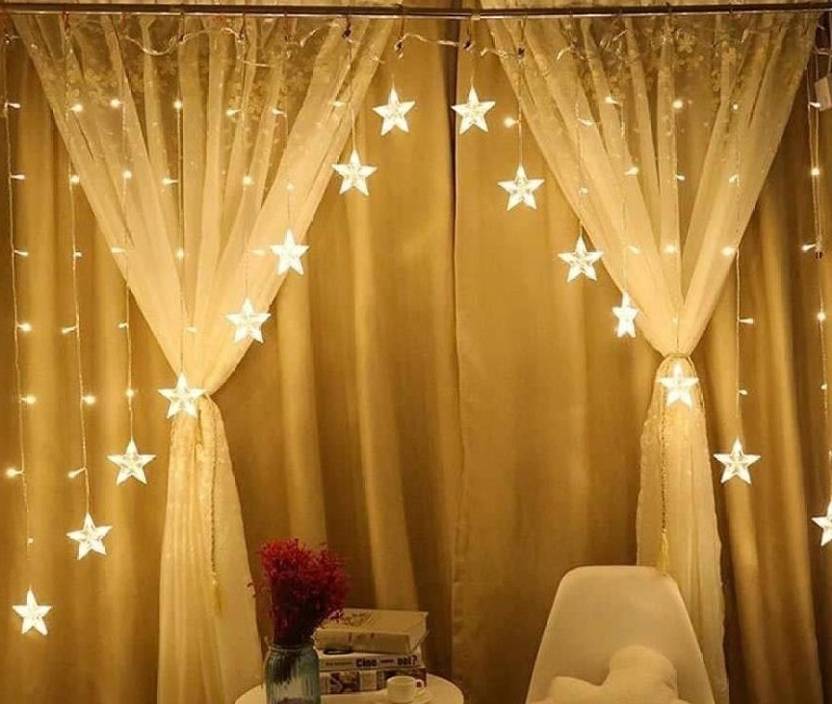 16-Star LED Curtain String Lights – Warm White Hanging Star Fairy Lights for Bedroom, Living Room, Window, or Holiday Decor – USB Powered with 8 Modes