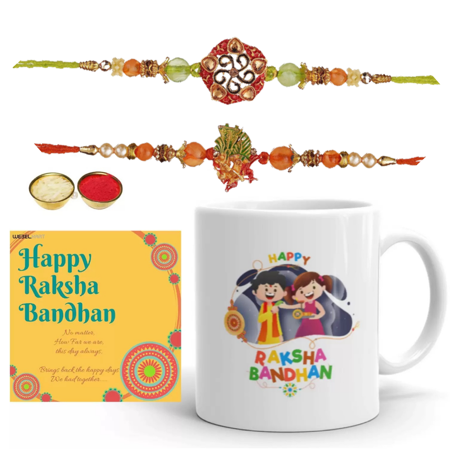 JaipurCrafts Premium Combo of Printed Mug Rakhi Gift for Brother Combo Pack (3 Rakhi for Bhaiya Bhabhi and Kids, 1 Greeting Card, 1 Ceramic Printed Mug, and Roli Chawal)|