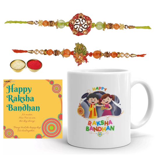 JaipurCrafts Premium Combo of Printed Mug Rakhi Gift for Brother Combo Pack (3 Rakhi for Bhaiya Bhabhi and Kids, 1 Greeting Card, 1 Ceramic Printed Mug, and Roli Chawal)|