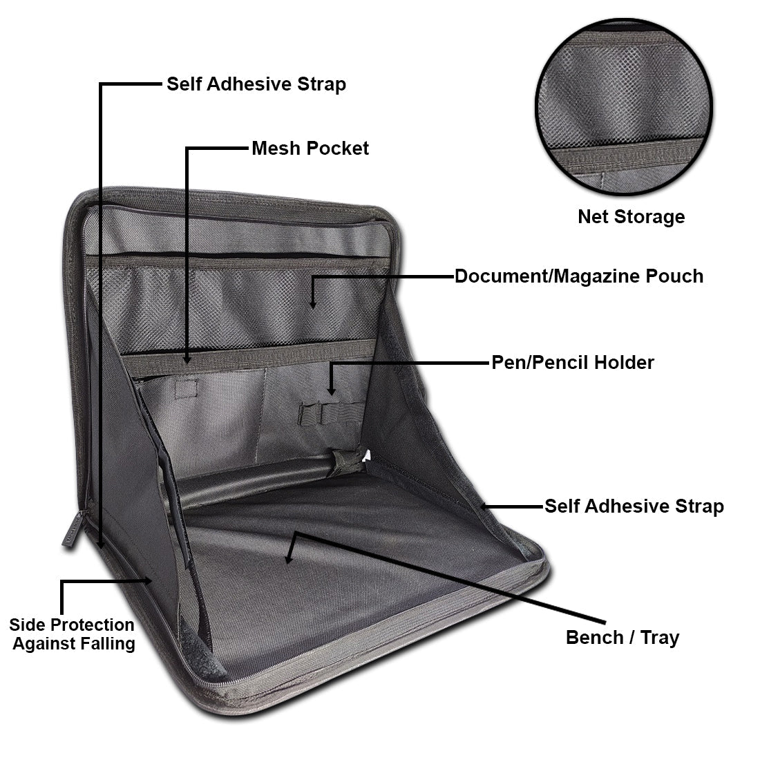 Car Laptop Desk Organizer Stand Foldable Backseat Food Eating Tray Accessories Holder Desk - Made in India - Black