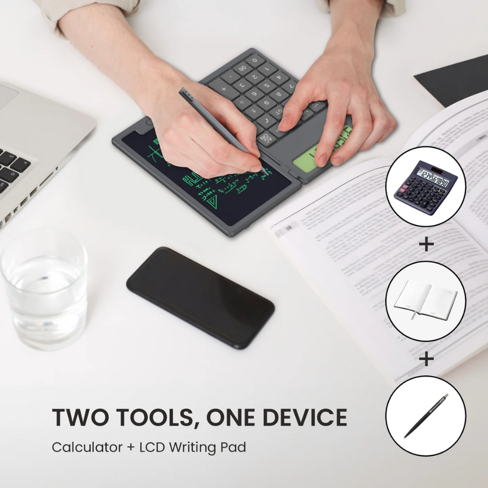 DigiFold:  2-in-1 Foldable Calculator & LCD Writing Pad – 12-Digit Pocket Calculator with 6.5-Inch Screen & Stylus for Office, School & On-the-Go Use